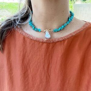 Turquoise Beaded Necklace with Pearl Pendant